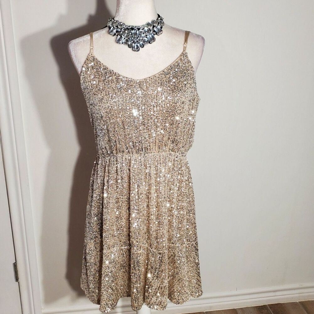 SO SEQUIN DRESS GOLD SLEEVELESS POLY/SPANDEX STRETCH SIZE XL